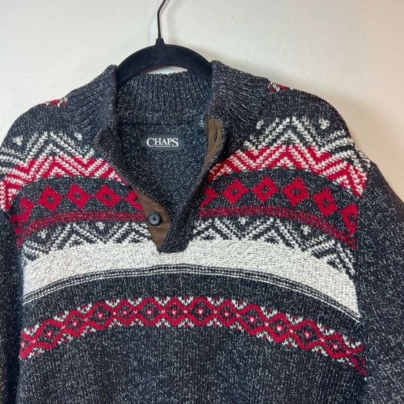 Chaps Fair Isle Henley Sweater Marled Gray  Pullover 1/4 Button Mock Neck  Large - Picture 4 of 13